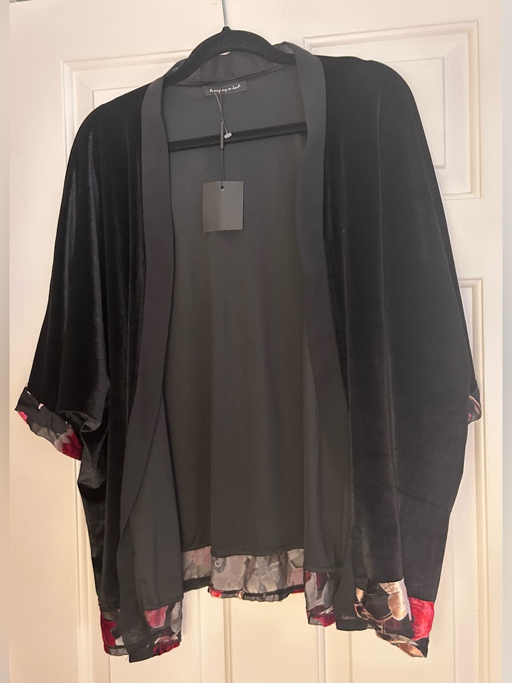Do everything in love Black Velvet Kimono Style Jacket/Cover with Floral Accent